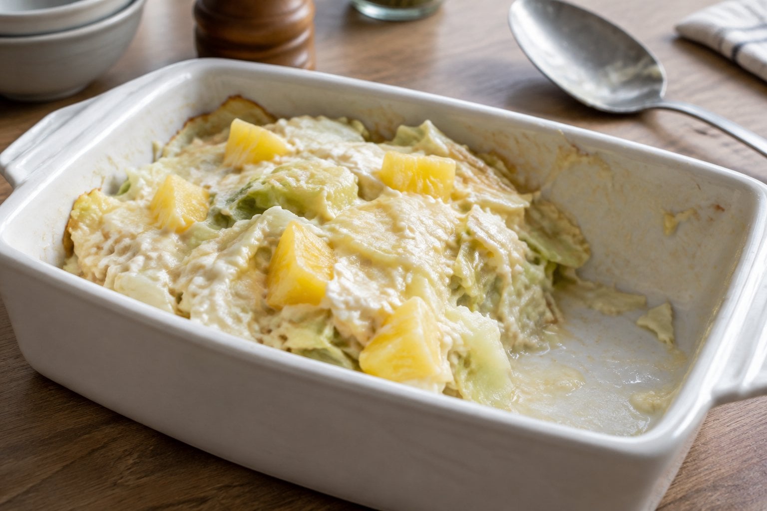 A baking dish of cabbage casserole with pineapple chunks and creamy sauce.