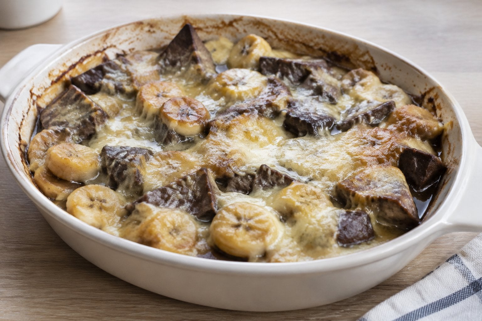 A casserole of beef liver, banana slices, and melted cheese.
