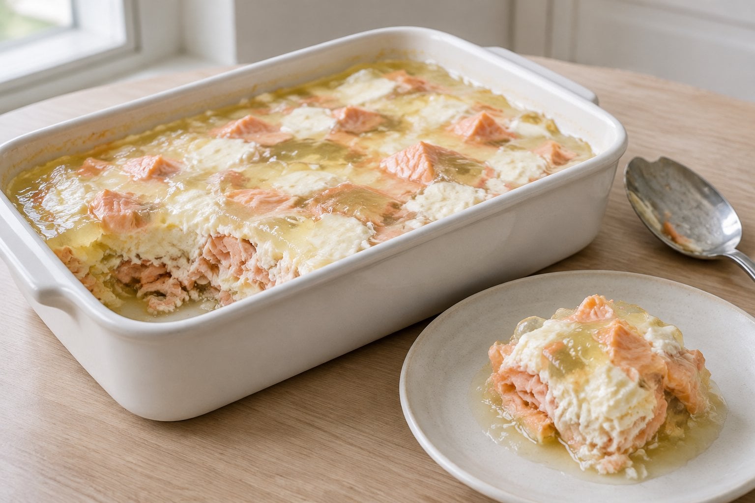 A casserole of salmon, lemon gelatin, and cream cheese in a ceramic dish.