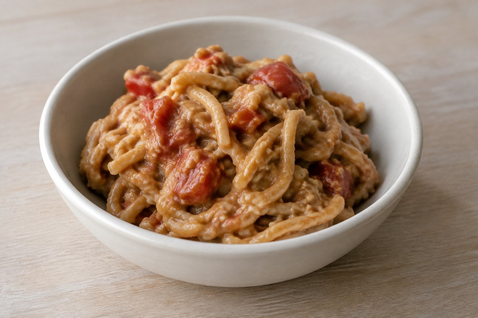 A serving of thick peanut butter and tomato sauce with overcooked noodles in a casserole dish.