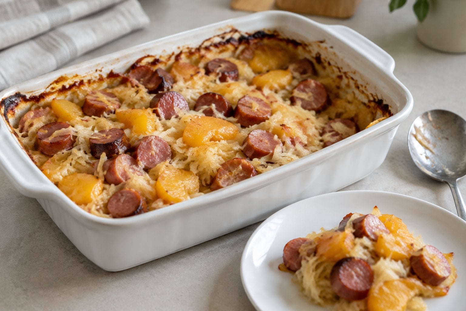 A casserole combining sliced hot dogs, peaches, and sauerkraut.
