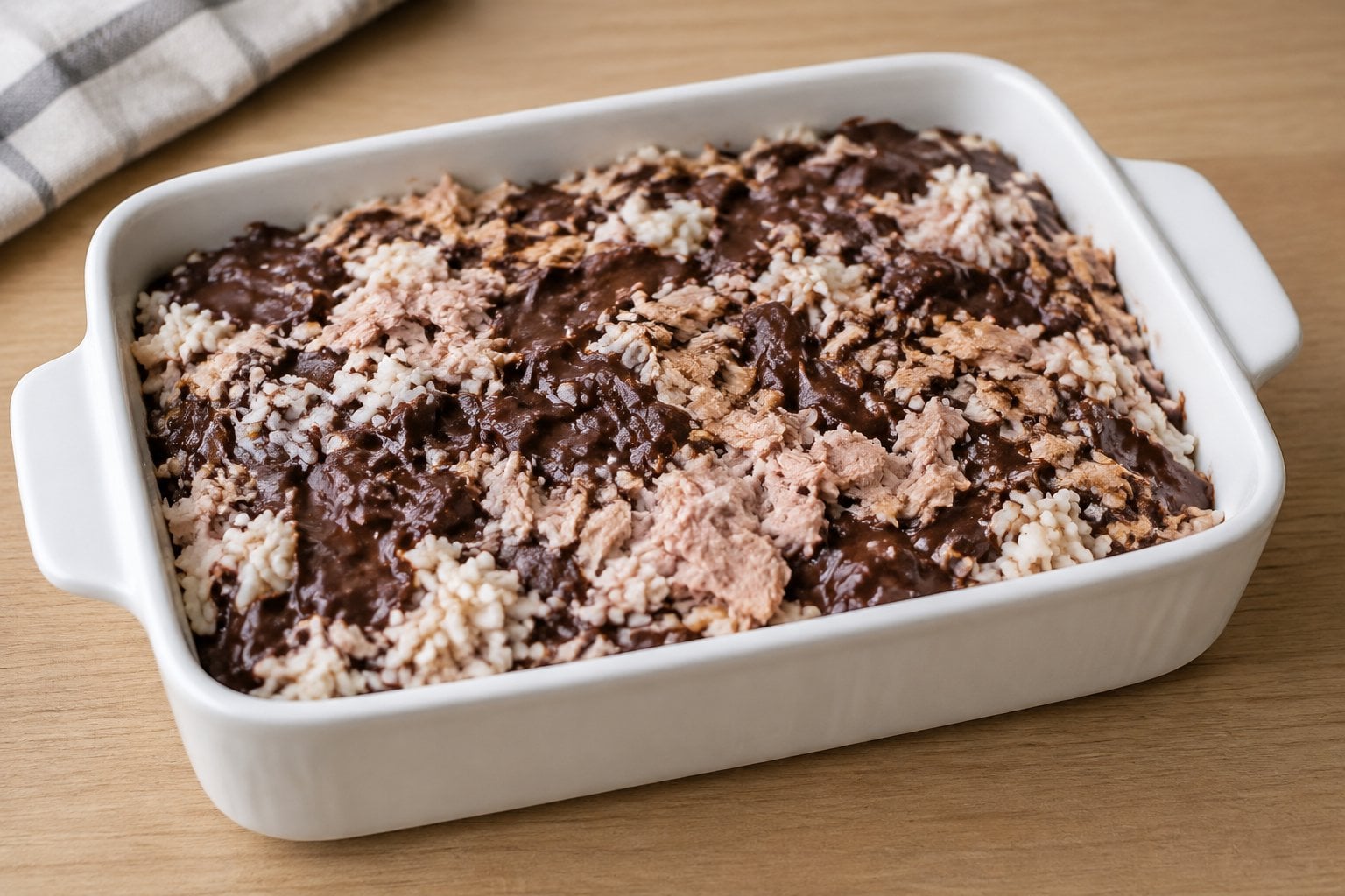 A casserole dish containing tuna, rice, and chocolate pudding.