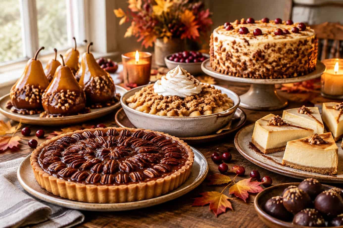 An assortment of Thanksgiving desserts, including pecan tart, apple crumble, cranberry cake, cheesecake, and chocolate treats.