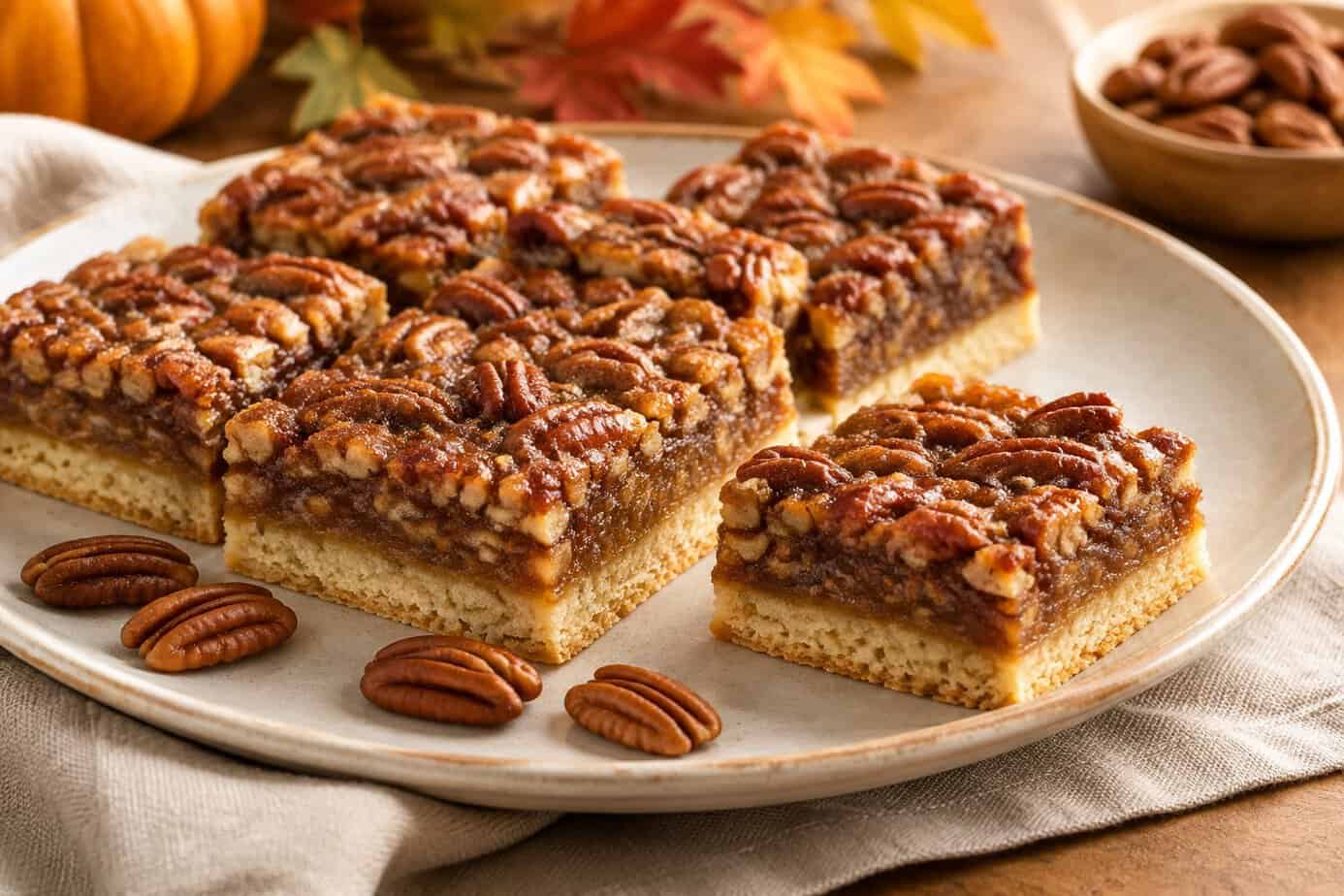 Golden pecan pie bars arranged on a plate with pecans nearby.
