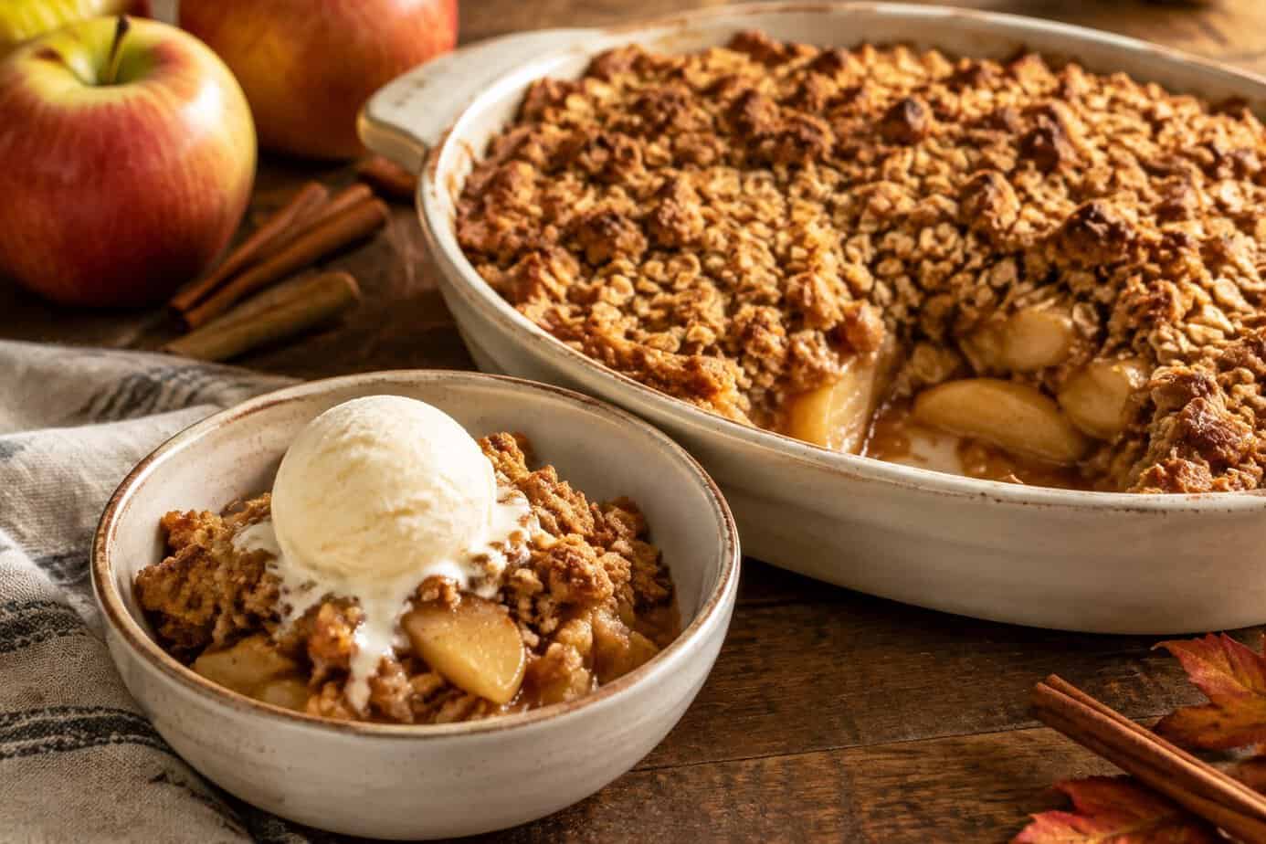 A bowl of warm apple crisp topped with melting vanilla ice cream.