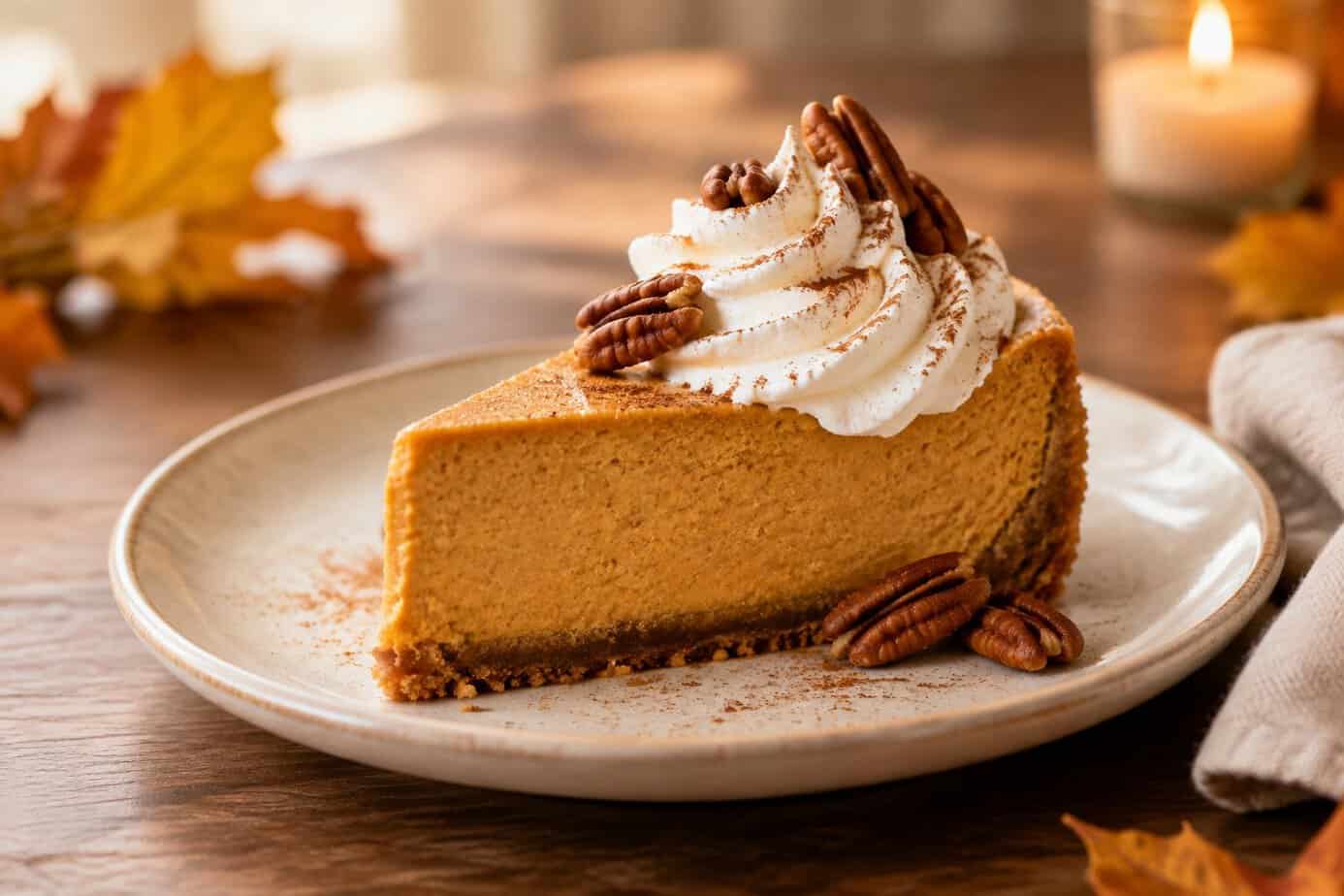 A slice of pumpkin cheesecake topped with whipped cream on a dessert plate.