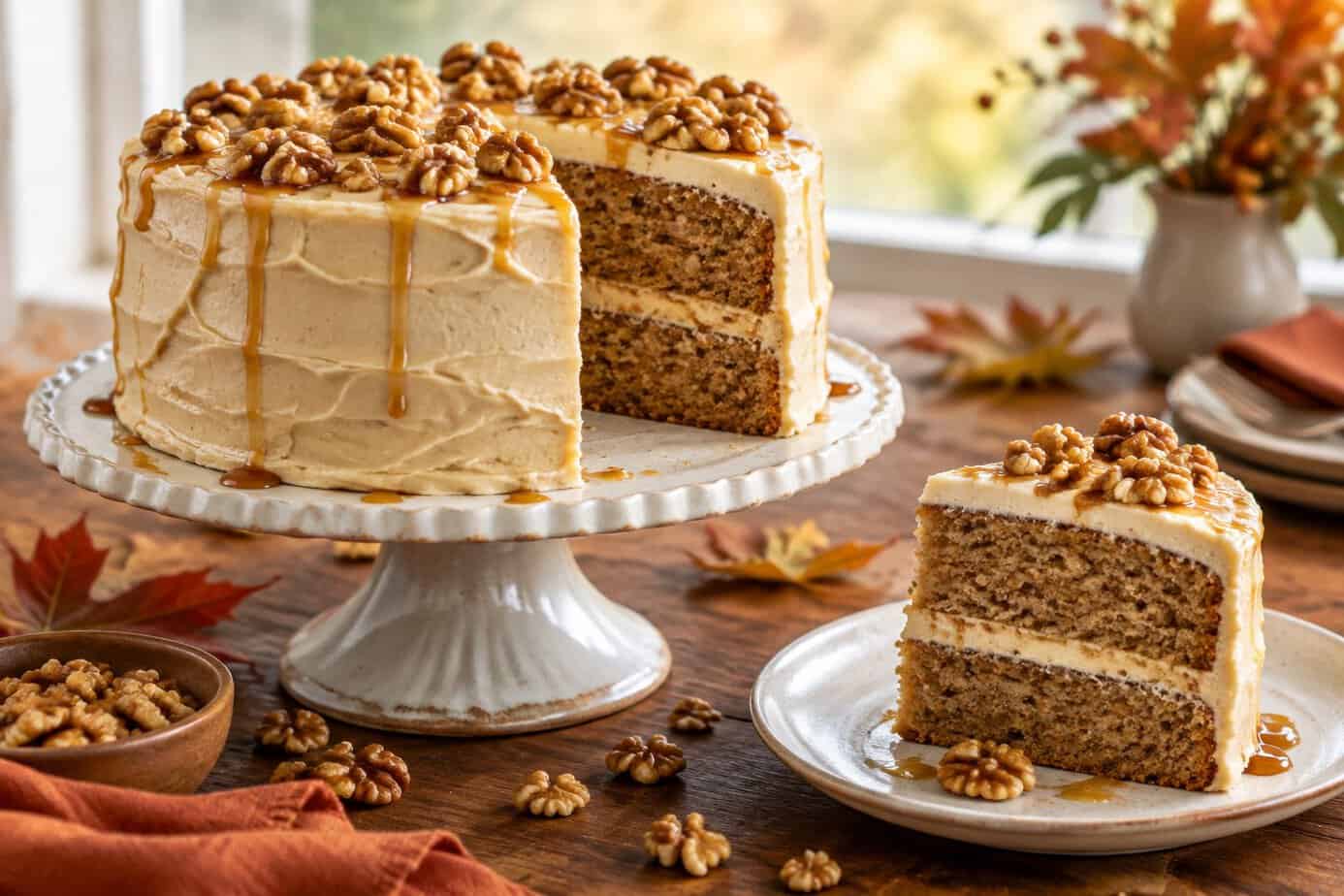 A maple-frosted walnut cake with a slice served beside it on a festive table.