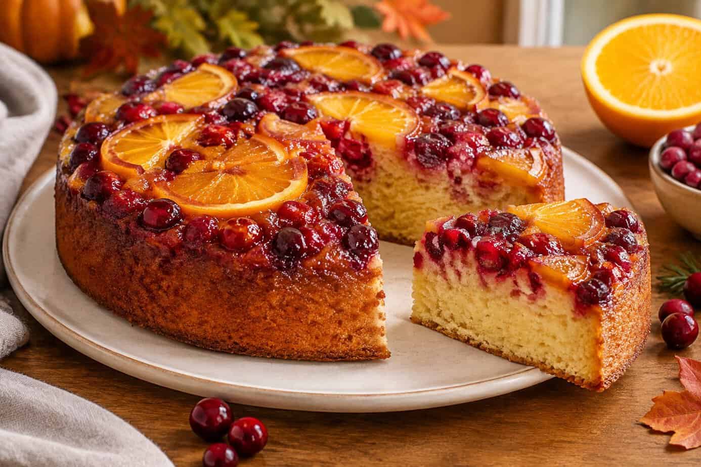 A cranberry-orange upside-down cake with one slice cut and served beside it.