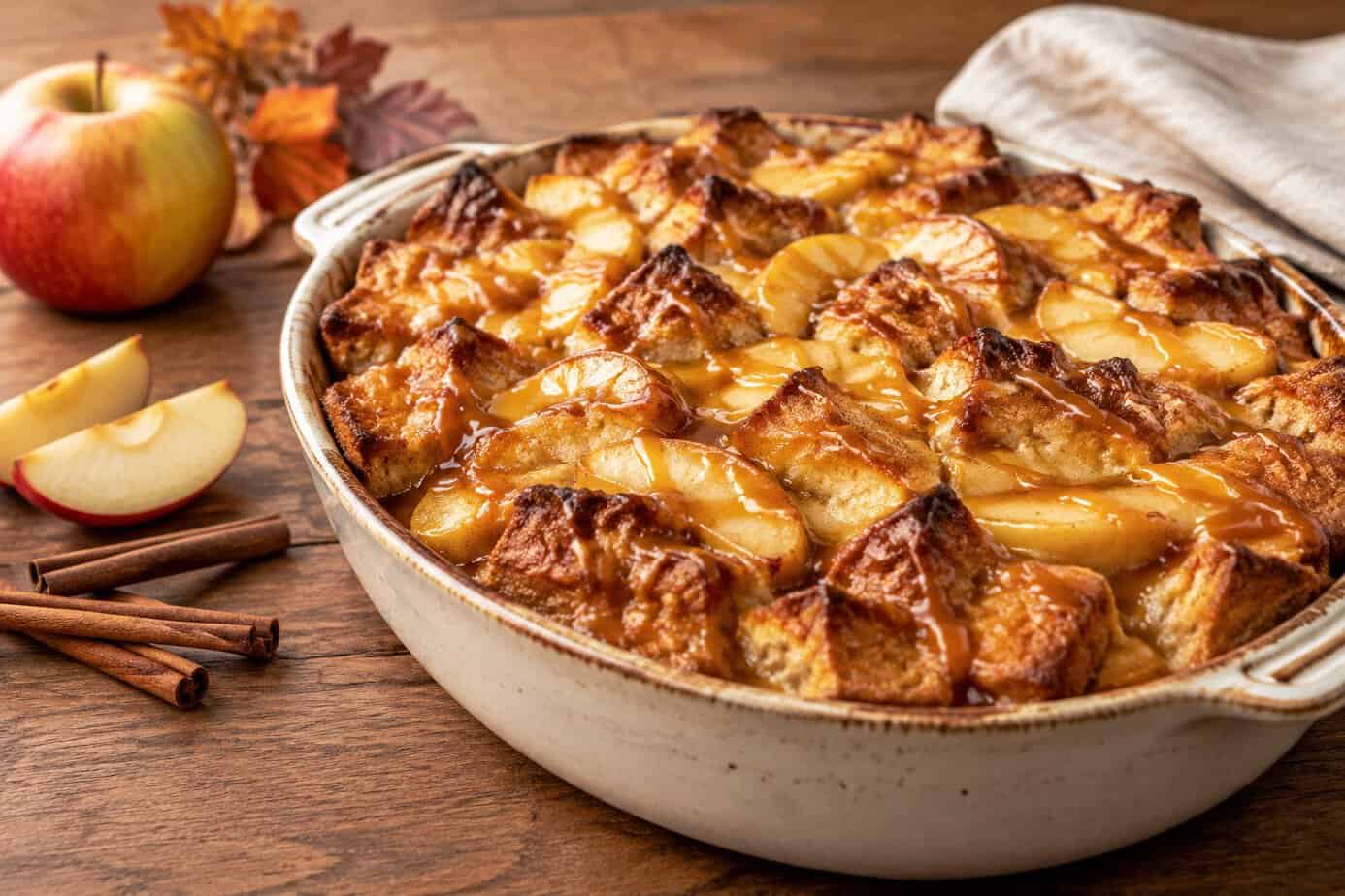 A dish of caramel apple bread pudding topped with sliced apples and drizzled with caramel.