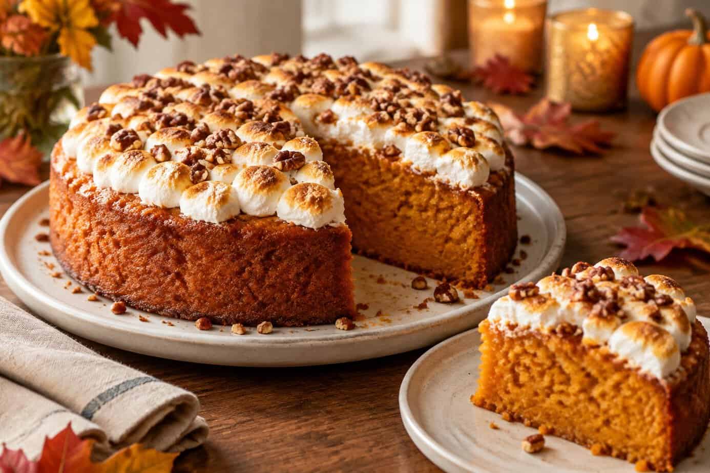 A sweet potato cake topped with toasted marshmallows and pecans, with a slice served beside it.