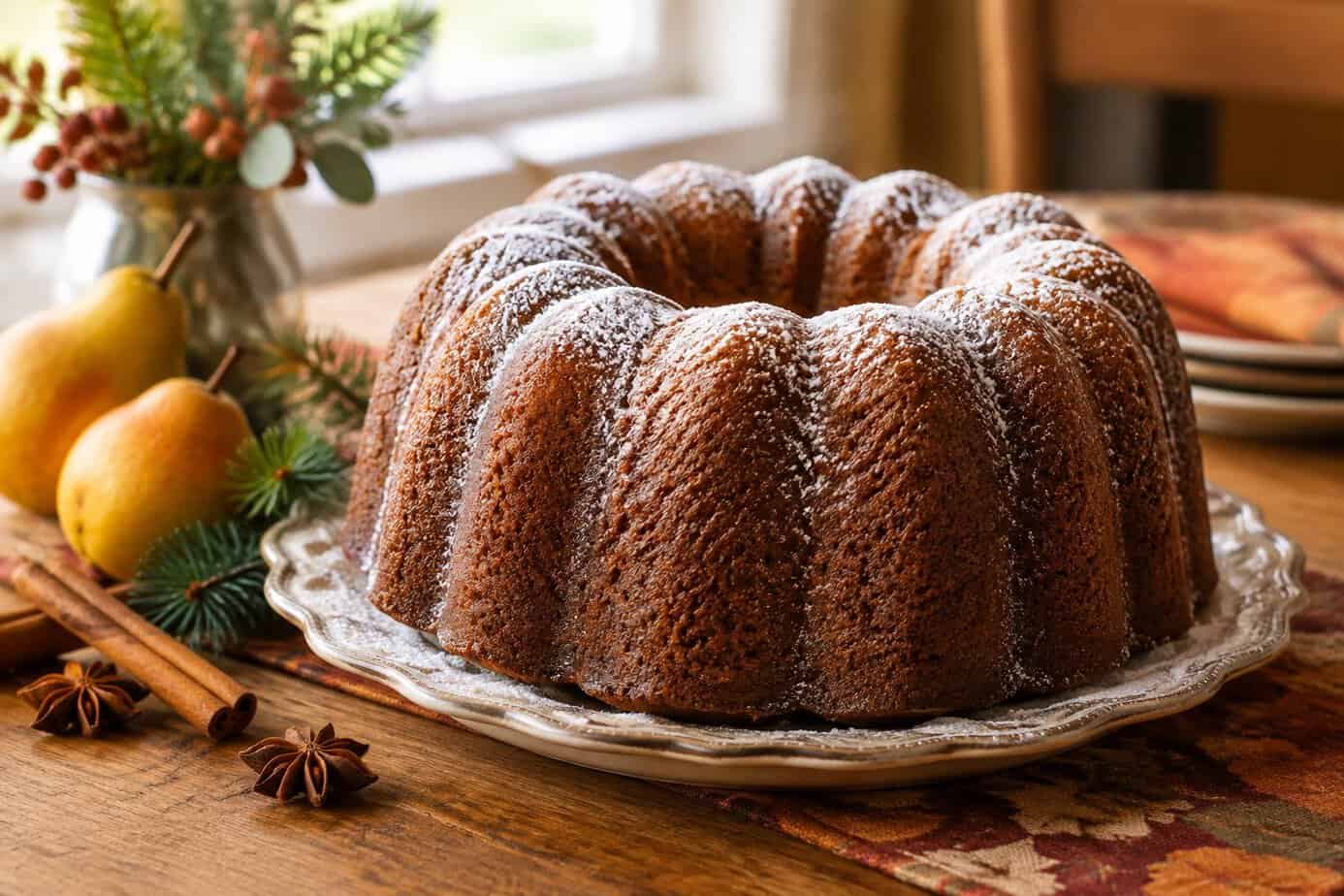 A powdered gingerbread Bundt cake on a platter with autumn spices and seasonal decorations.