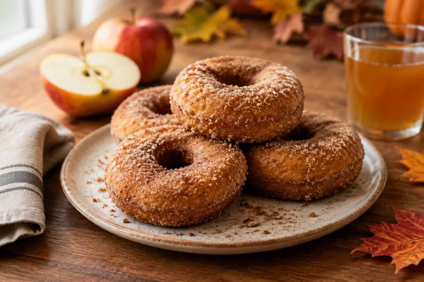 A stack of cinnamon-sugar apple cider donuts on a plate beside a glass of cider.