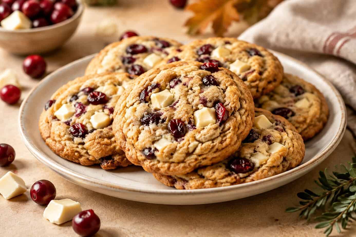 Cranberry and white chocolate cookies arranged on a plate.