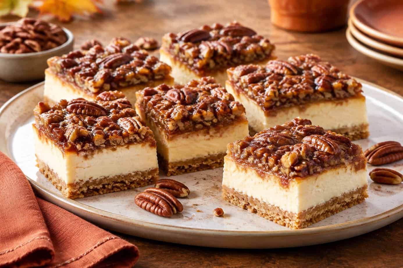 Pecan pie cheesecake bars topped with glossy pecans on a serving platter.