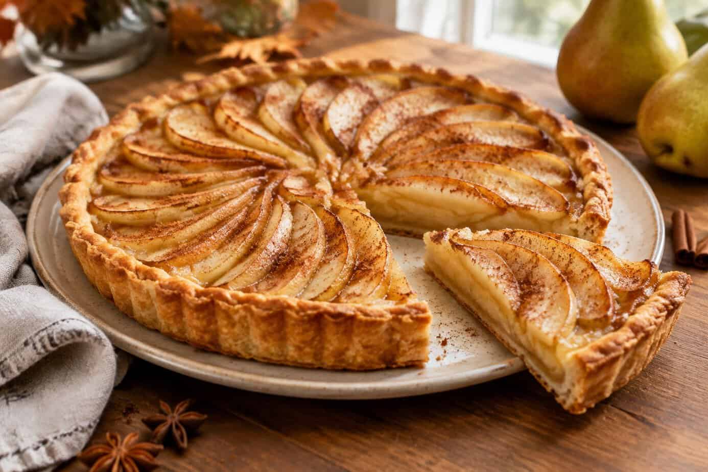 A spiced pear tart with a slice served beside it.