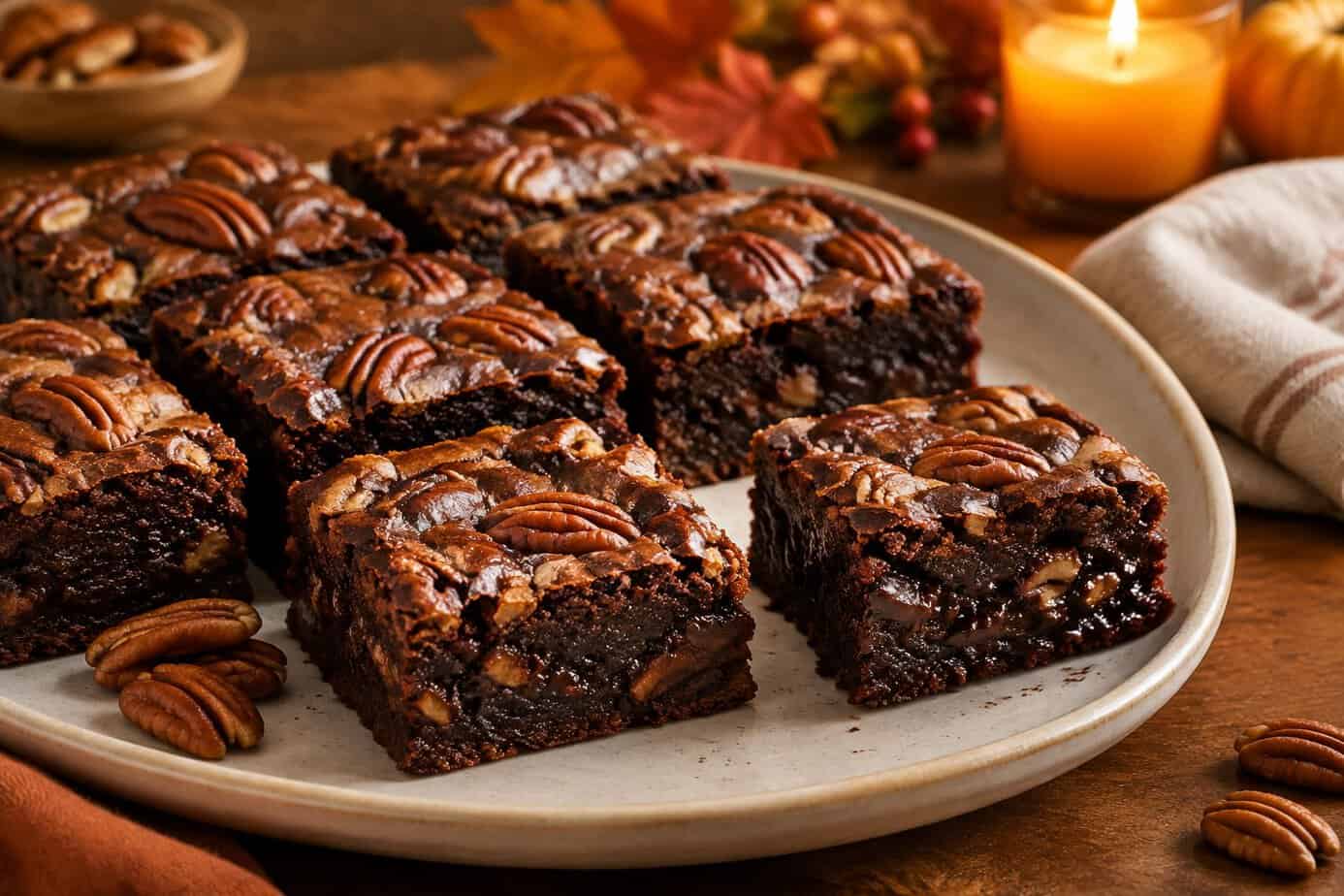 Chocolate pecan brownies arranged on a platter.
