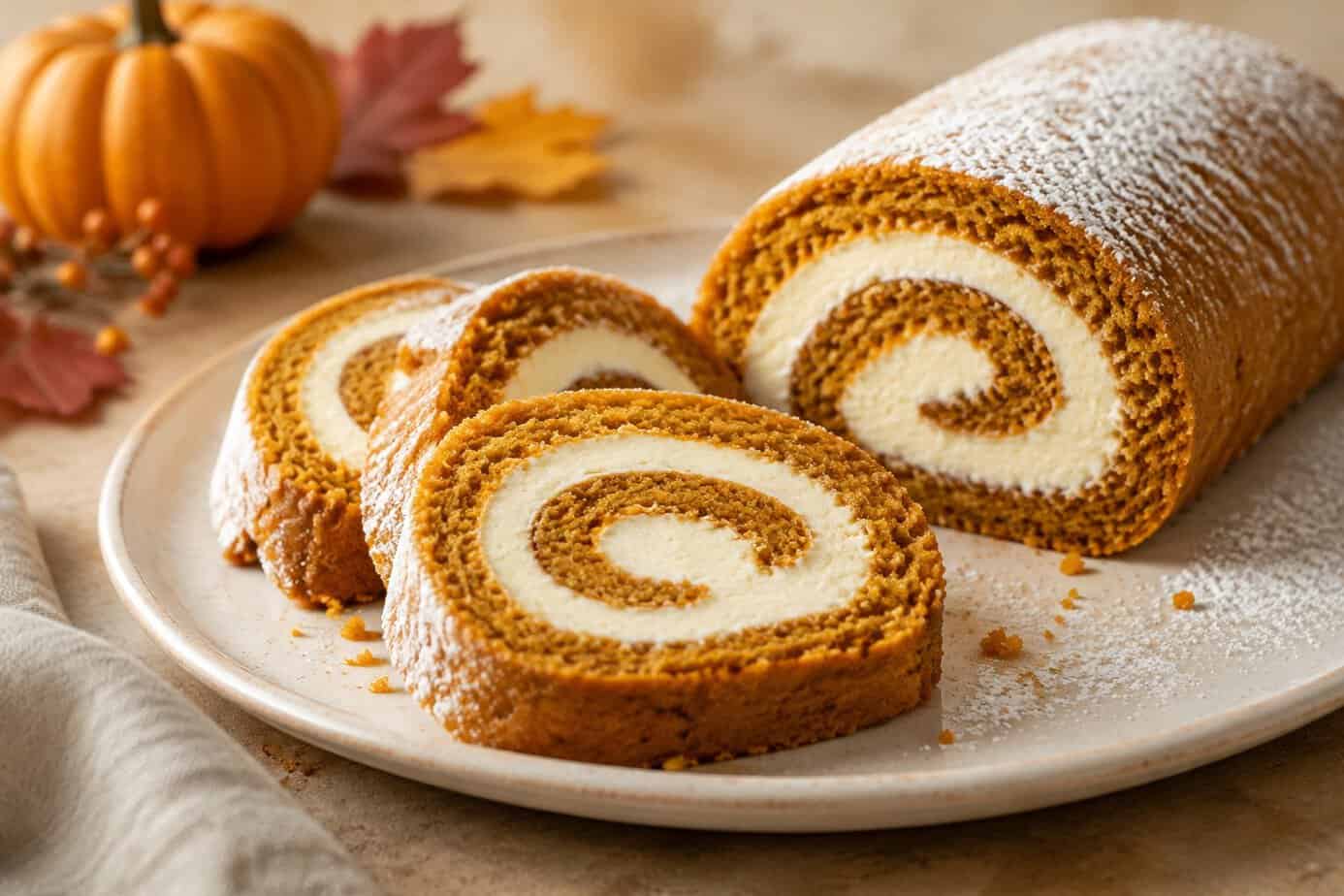 Slices of pumpkin roll with cream cheese filling arranged on a plate.