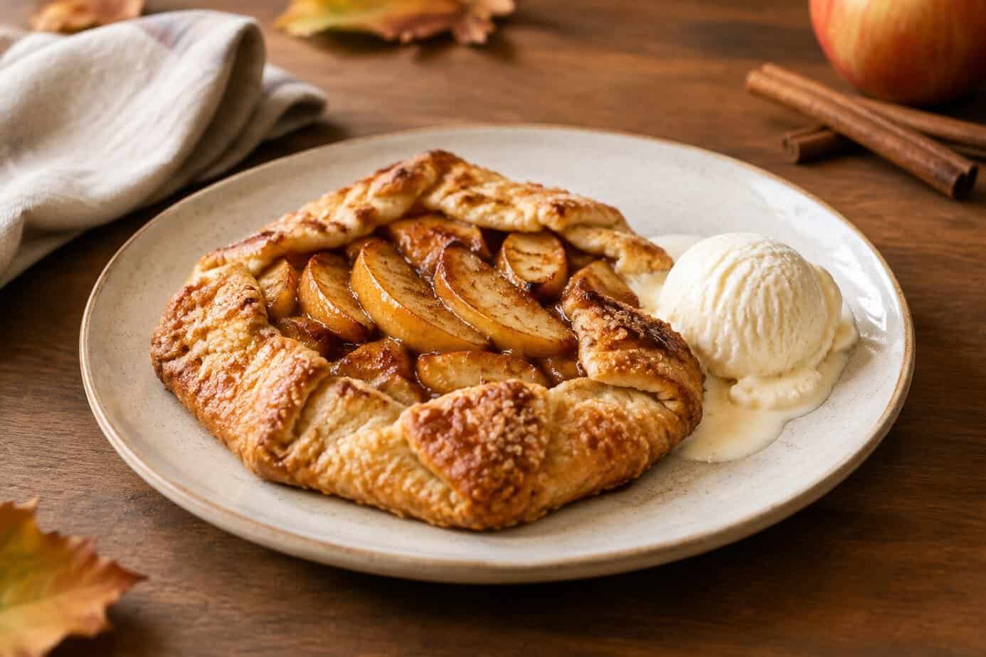 A golden apple galette served with a scoop of vanilla ice cream.