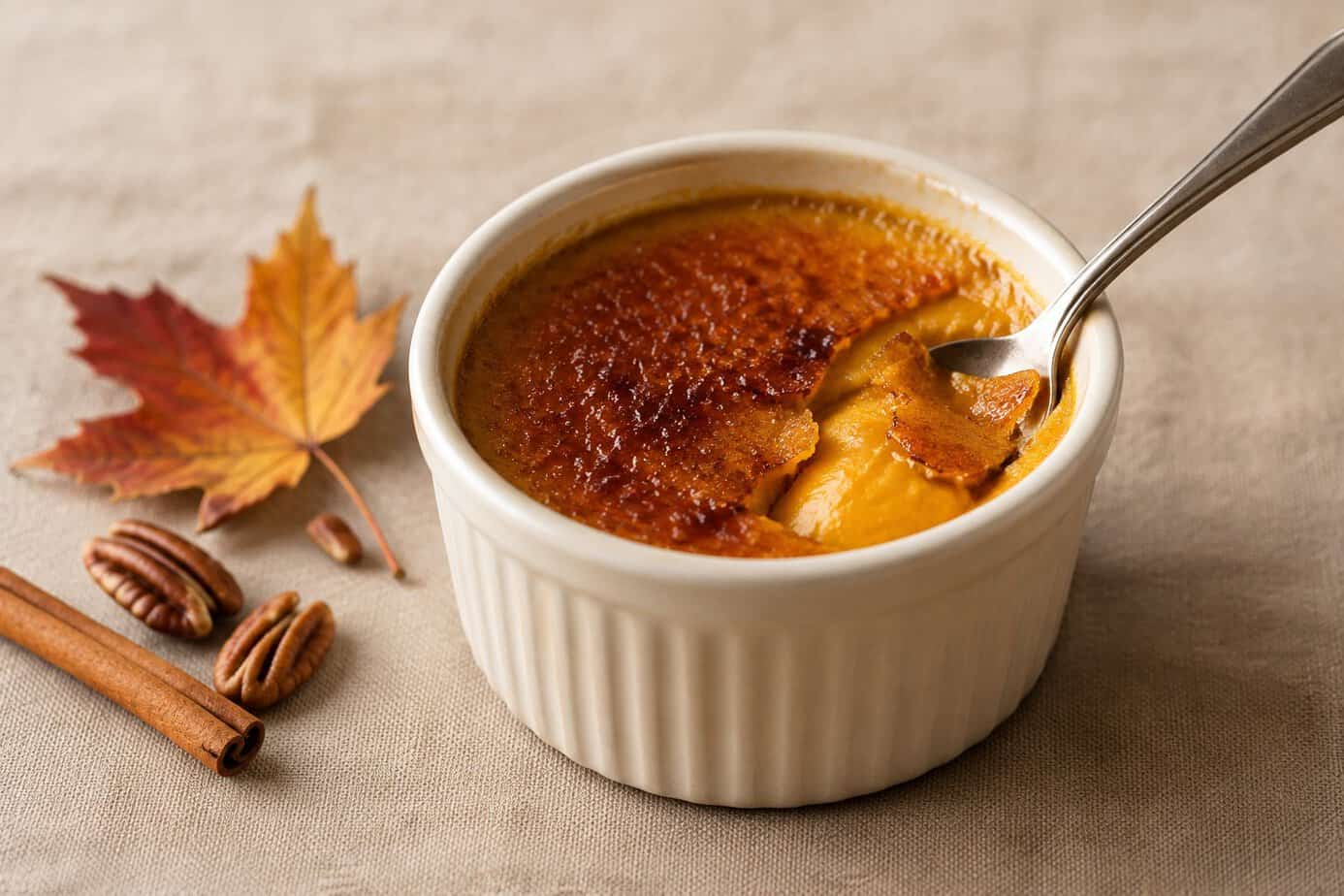A ramekin of pumpkin crème brûlée with a caramelized sugar crust, maple leaf, and pecans.