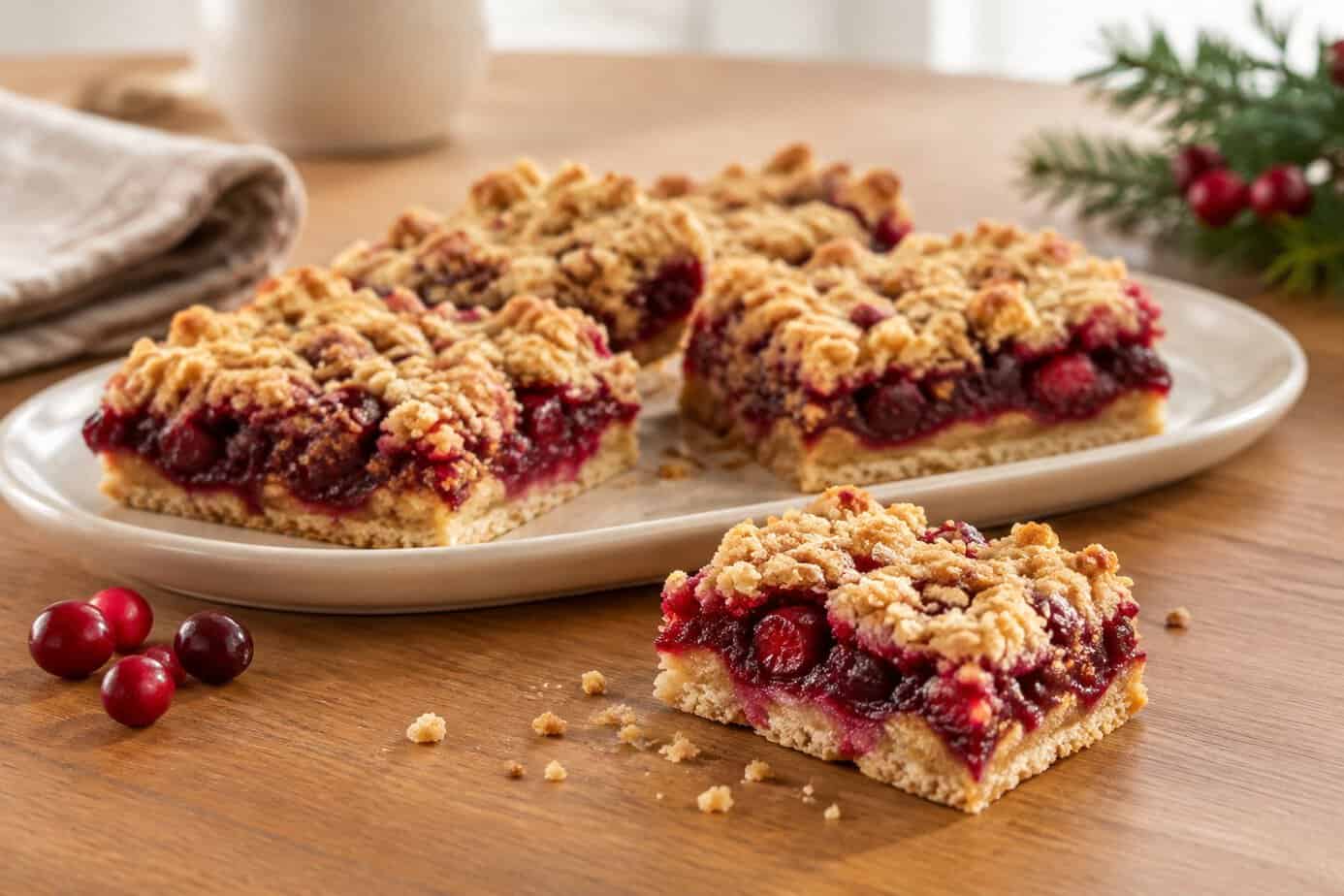 Golden cranberry crumble bars with ruby-red filling arranged on a platter.