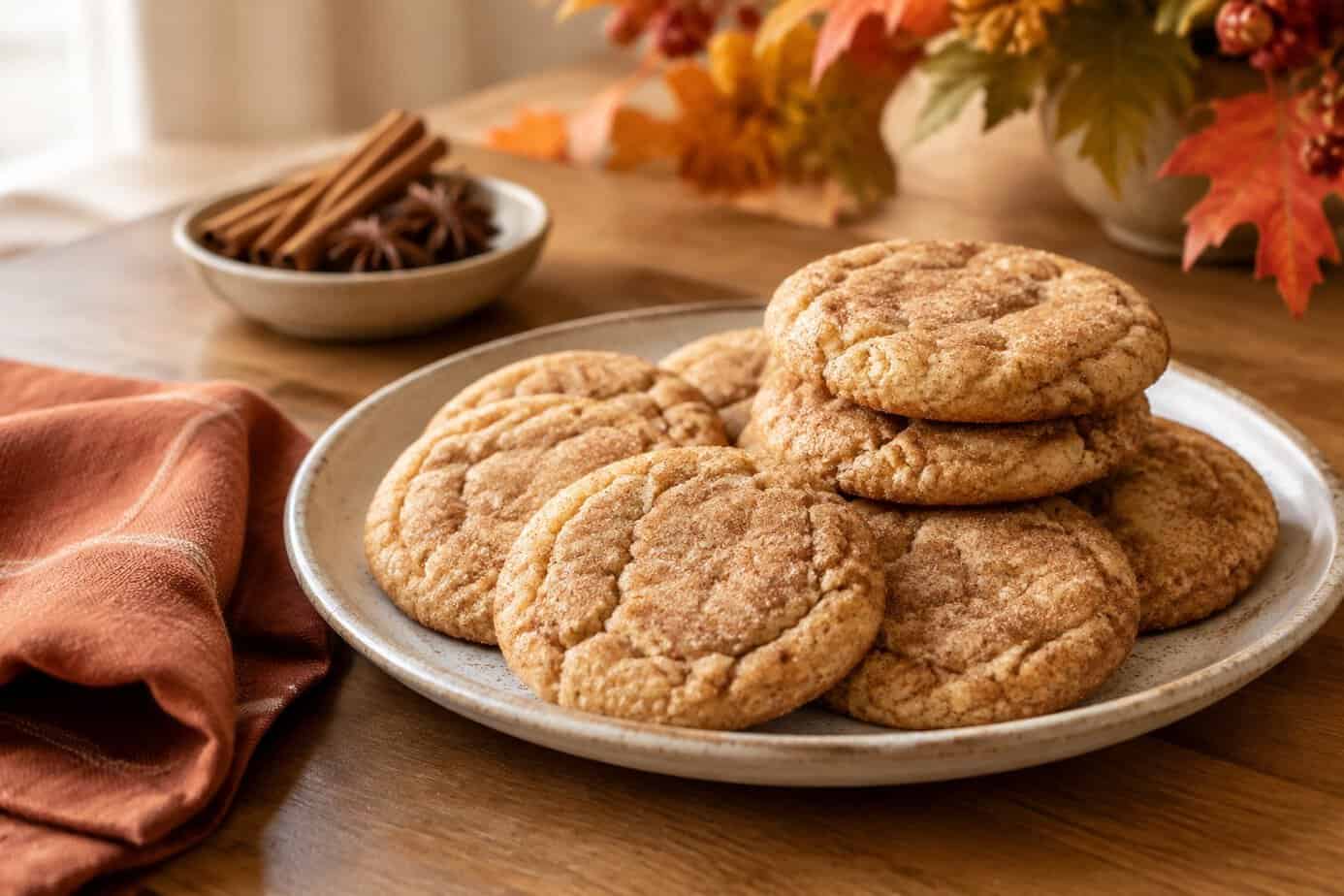 Chai-spiced snickerdoodle cookies on a plate beside cinnamon sticks and autumn leaves.