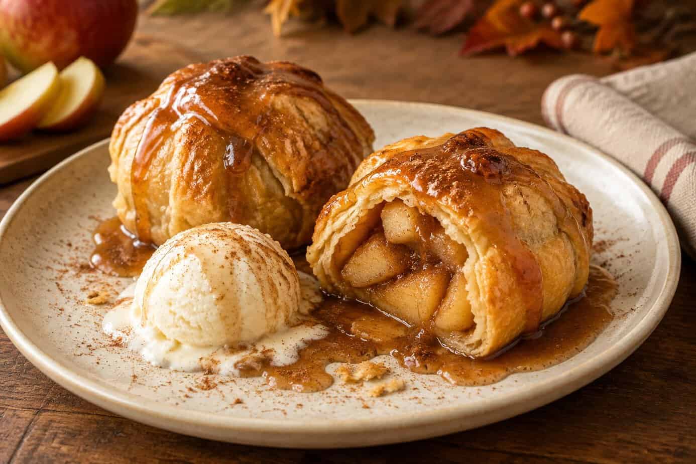Golden apple dumplings with cinnamon sauce and vanilla ice cream on a plate.