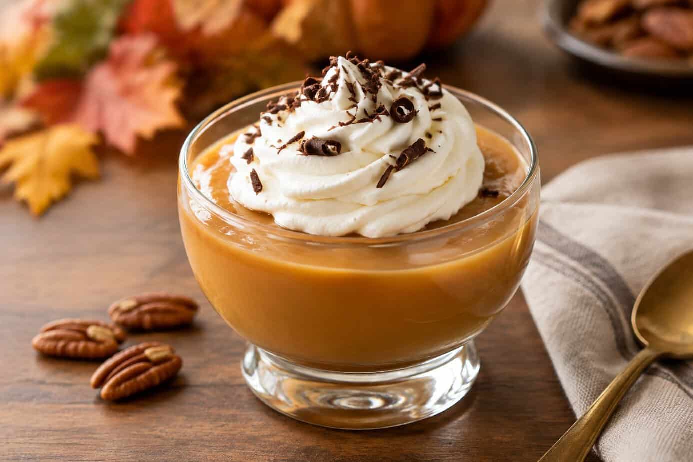 A glass cup of butterscotch pudding topped with whipped cream on a table with autumn accents.