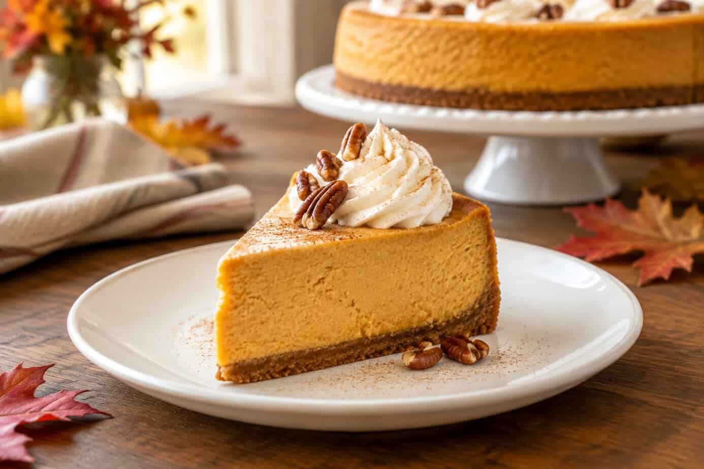 A slice of sweet potato cheesecake with whipped cream and pecans on a plate.