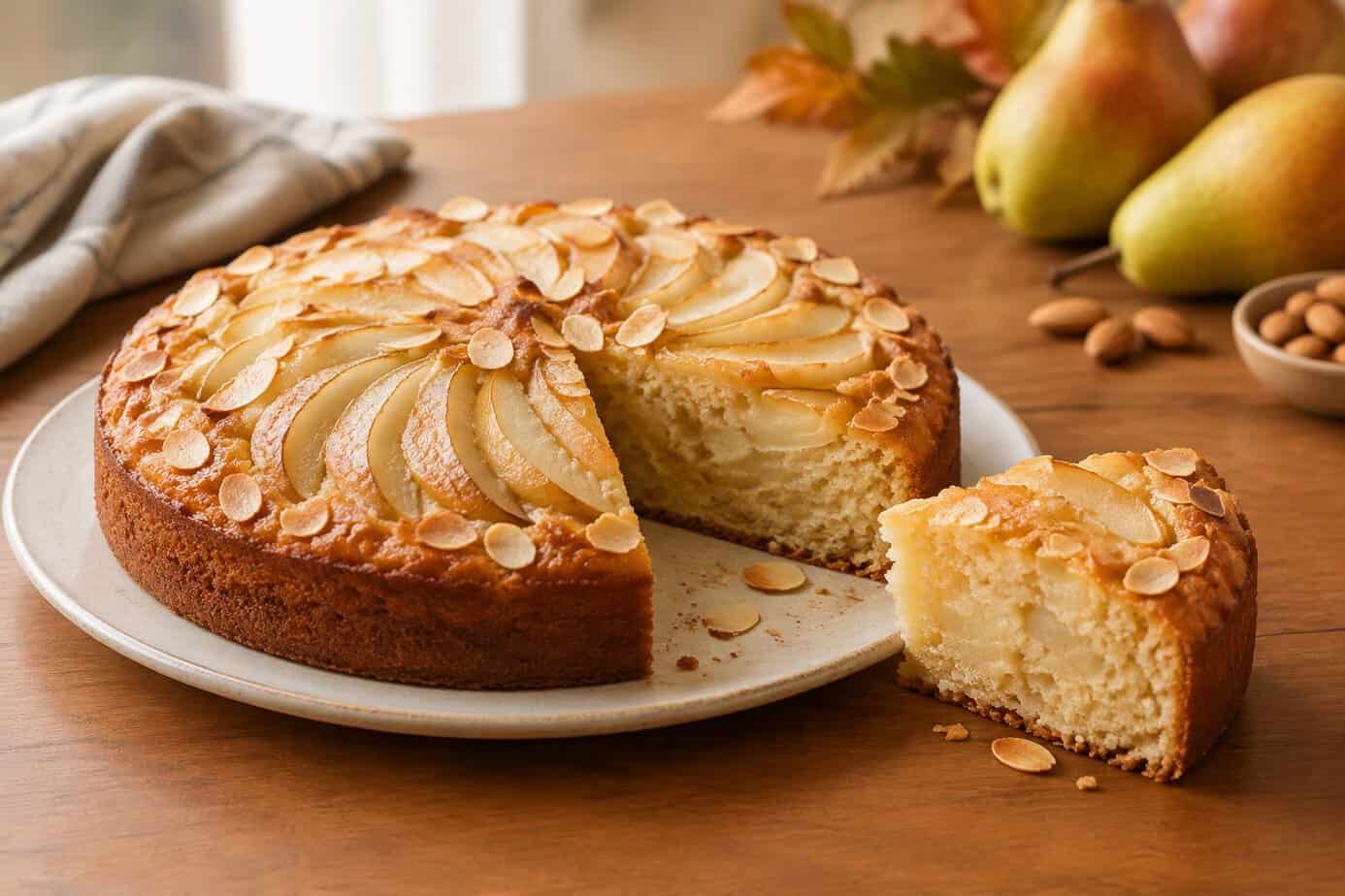 A pear and almond cake with sliced pears and toasted almonds on top.