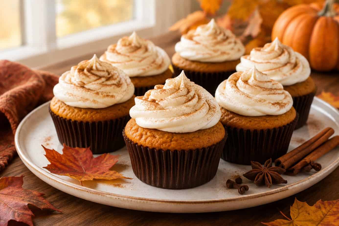 Pumpkin spice cupcakes with cream cheese frosting on a serving platter.