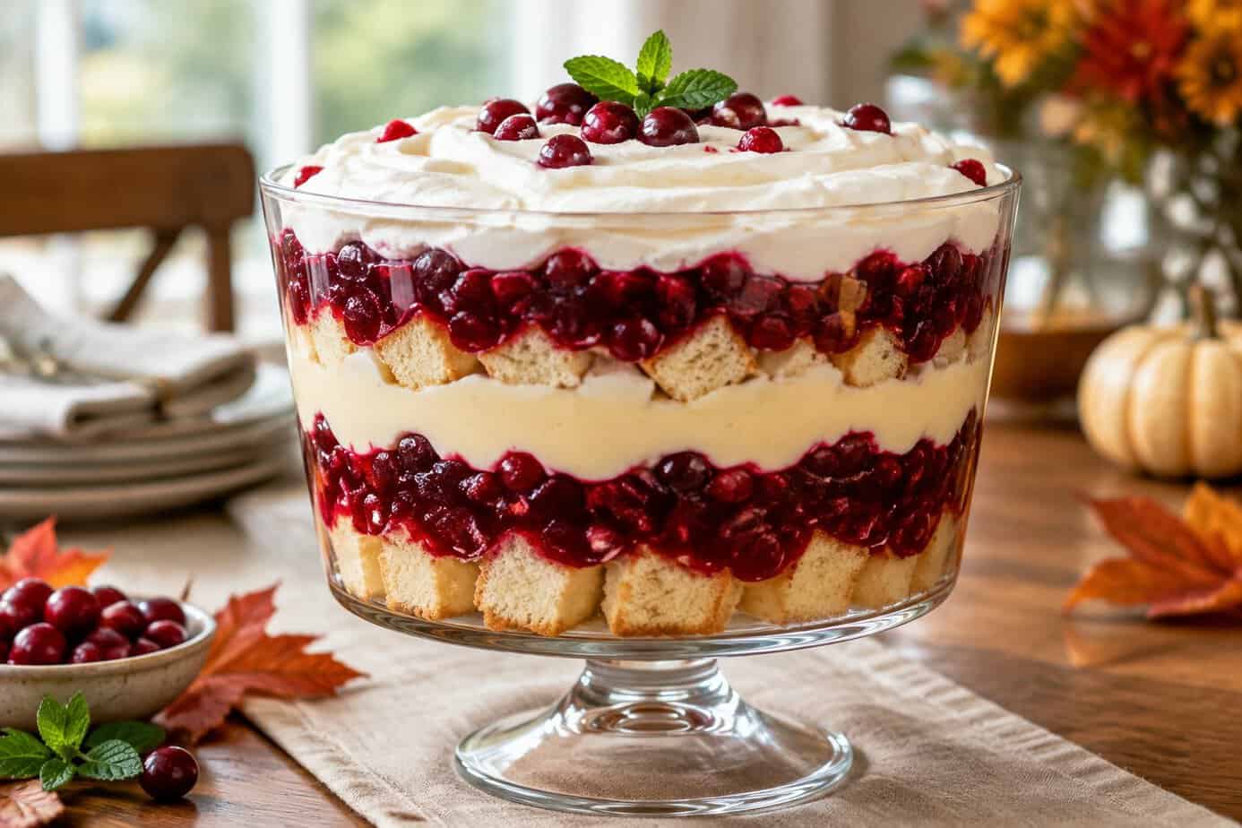A layered cranberry trifle topped with whipped cream and cranberries.