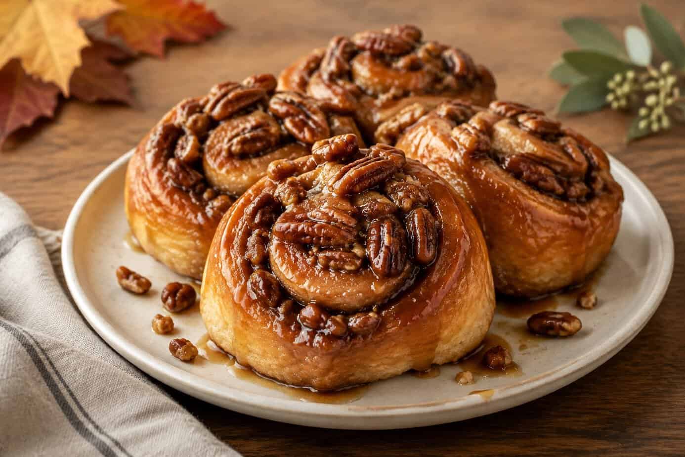 Golden maple-glazed sticky buns topped with pecans on a plate.