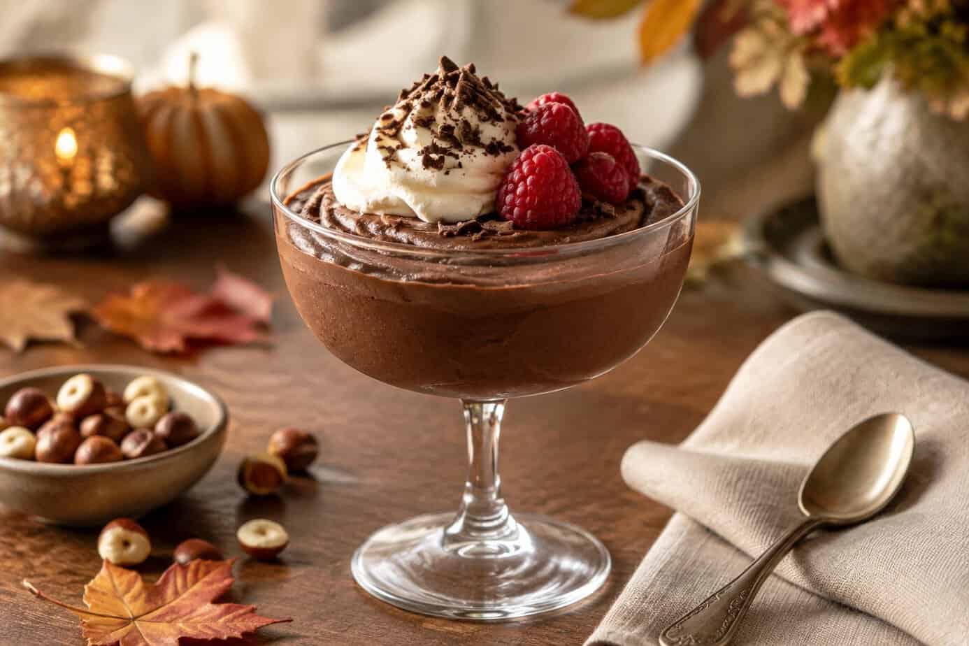 A glass of chocolate mousse topped with whipped cream, chocolate shavings, and raspberries.