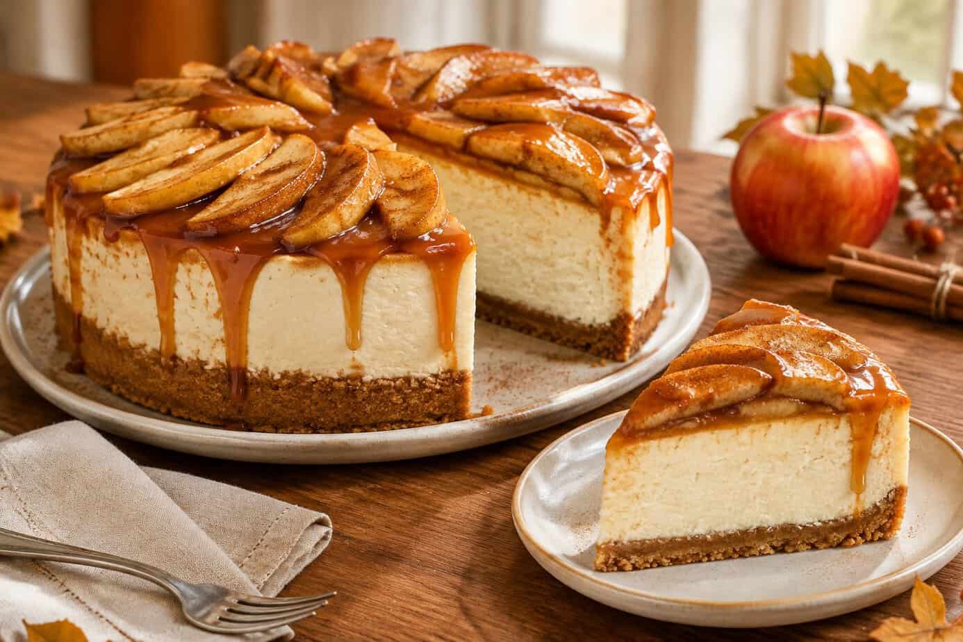 A caramel apple cheesecake topped with apple slices and caramel, with a slice served on a plate.