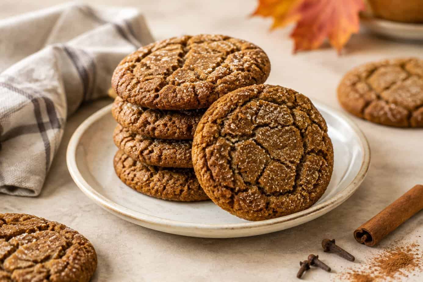 Ginger molasses cookies arranged on a plate with autumn spices nearby.