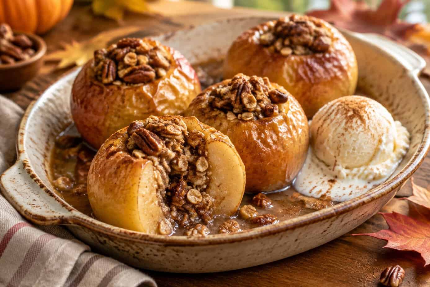 Baked cinnamon apples with nut filling and vanilla ice cream in a ceramic dish.