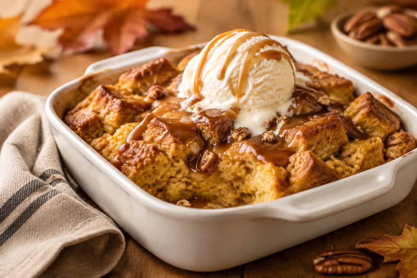 A serving of pumpkin bread pudding topped with caramel sauce and melting vanilla ice cream.
