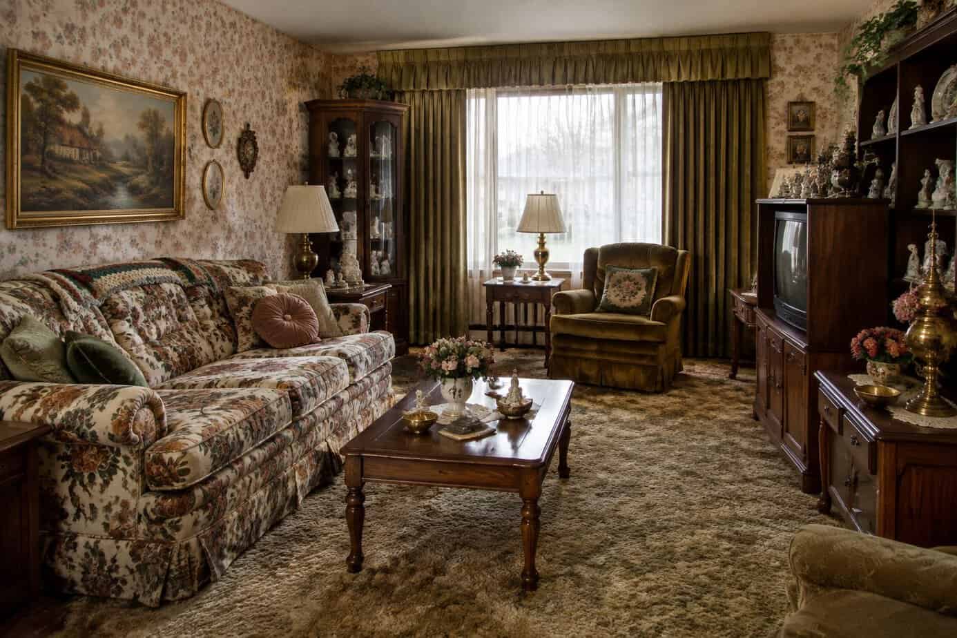 A living room with patterned wallpaper, heavy furniture, and crowded shelves.
