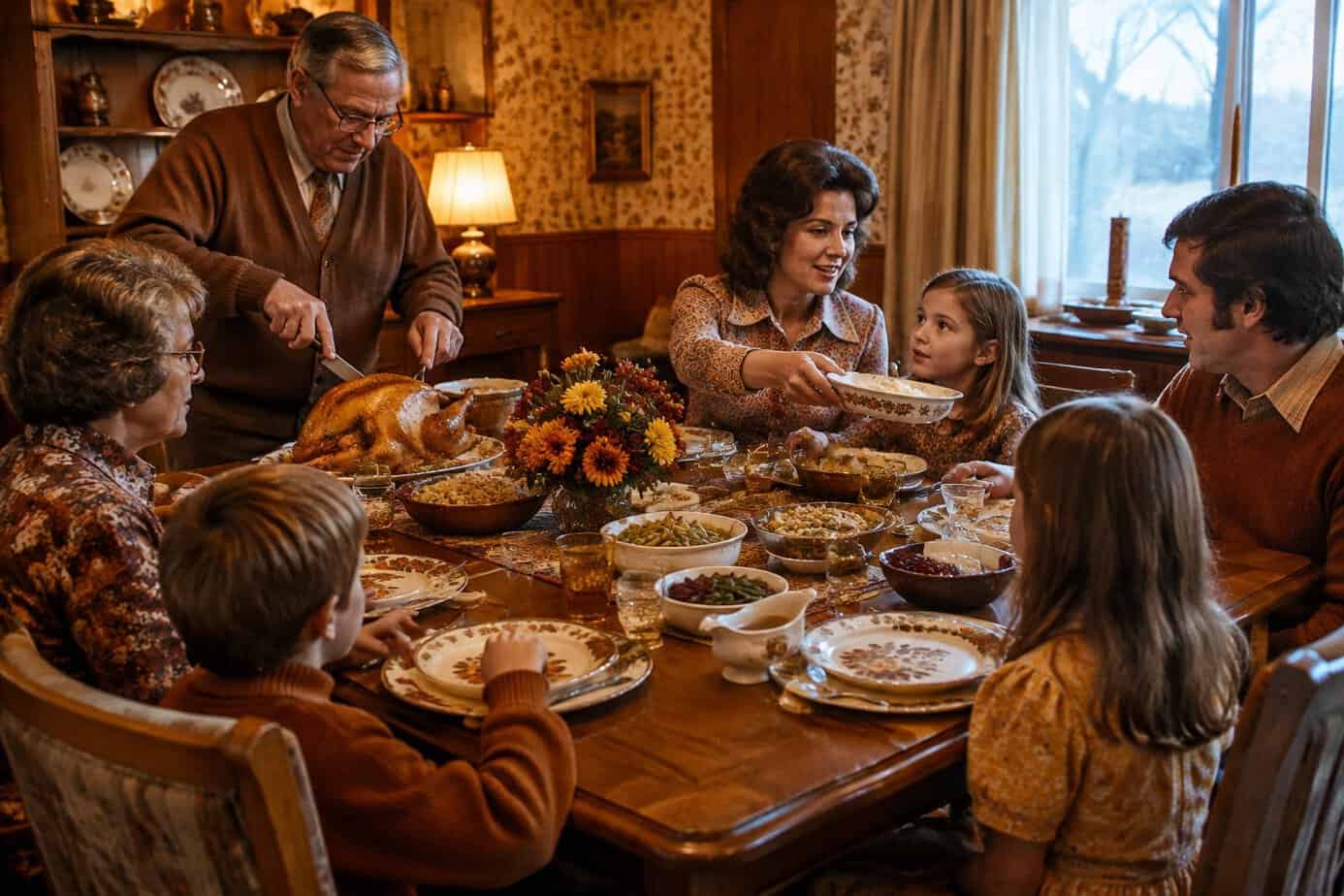 A multigenerational family shares Thanksgiving dinner around a crowded table.