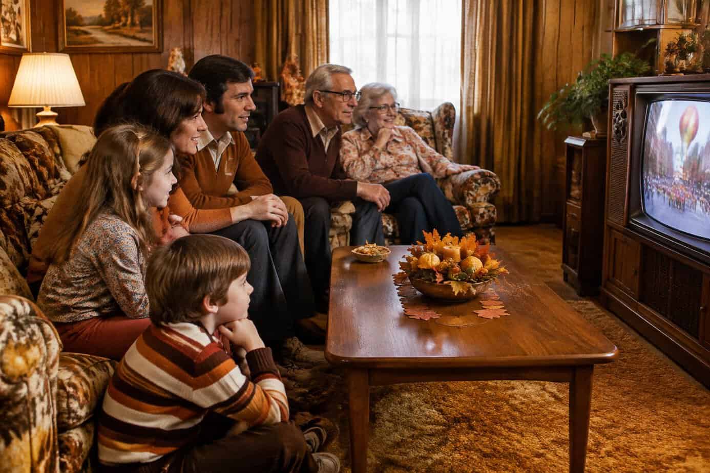 A family gathers in a living room to watch a Thanksgiving parade on television.