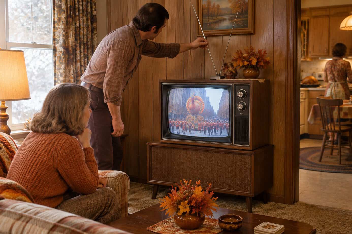 A family member adjusts a television antenna while relatives watch a Thanksgiving parade.
