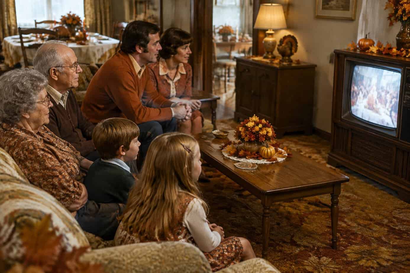 A multigenerational family gathers in a living room to watch a television during Thanksgiving.