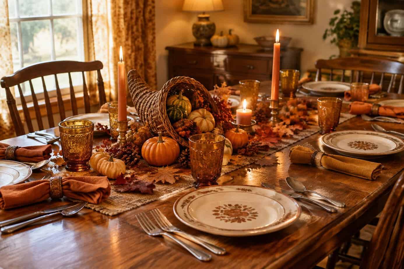 A Thanksgiving table set with orange and brown decorations, plates, autumn leaves, and small pumpkins.