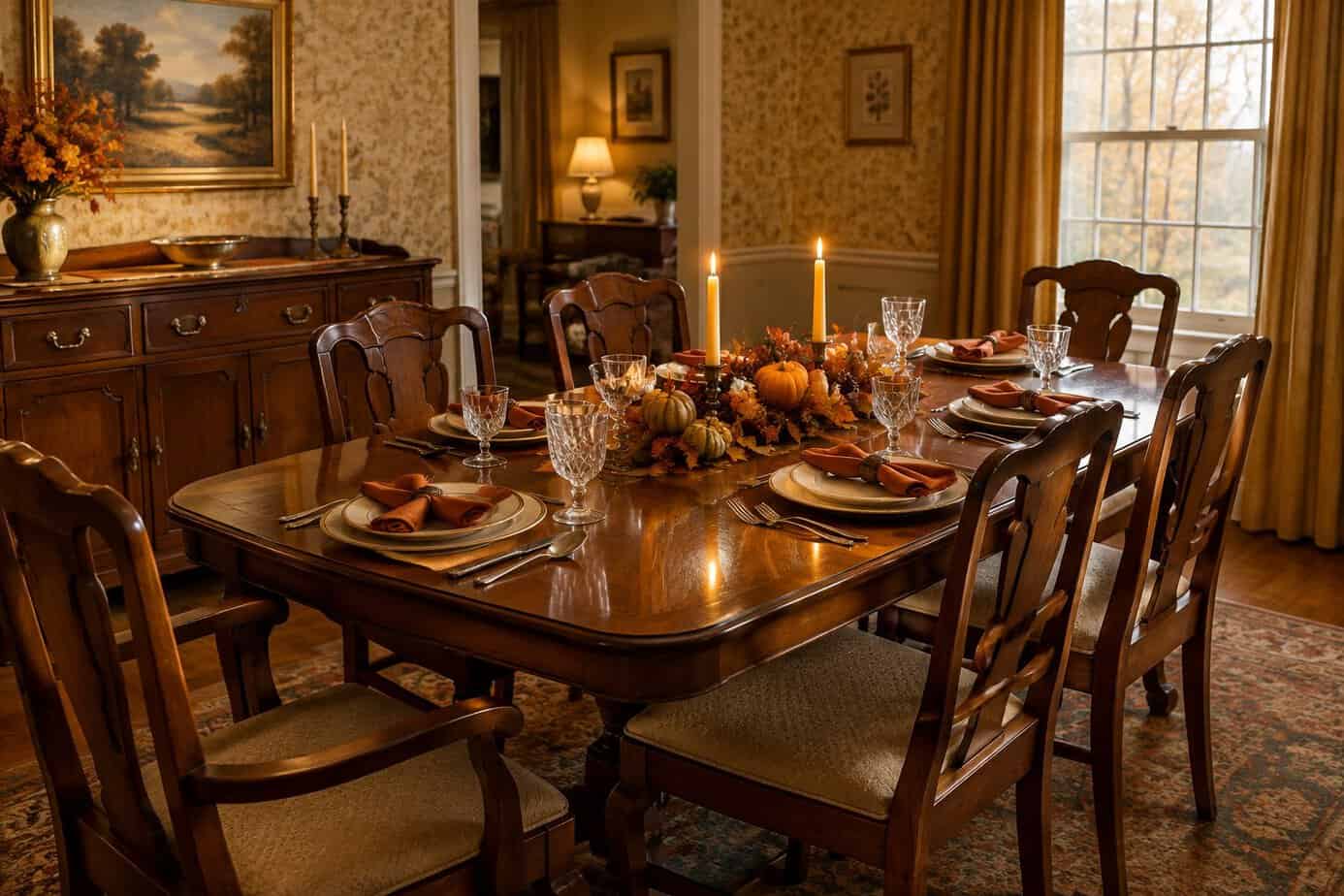 A Thanksgiving table is set in a traditional dining room.