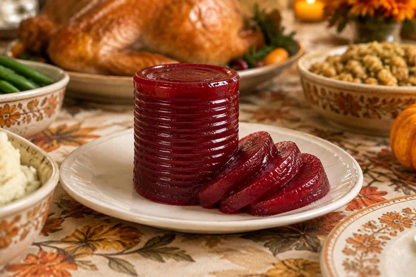 A ridged cylinder of cranberry sauce sits on a plate at a Thanksgiving dinner table.