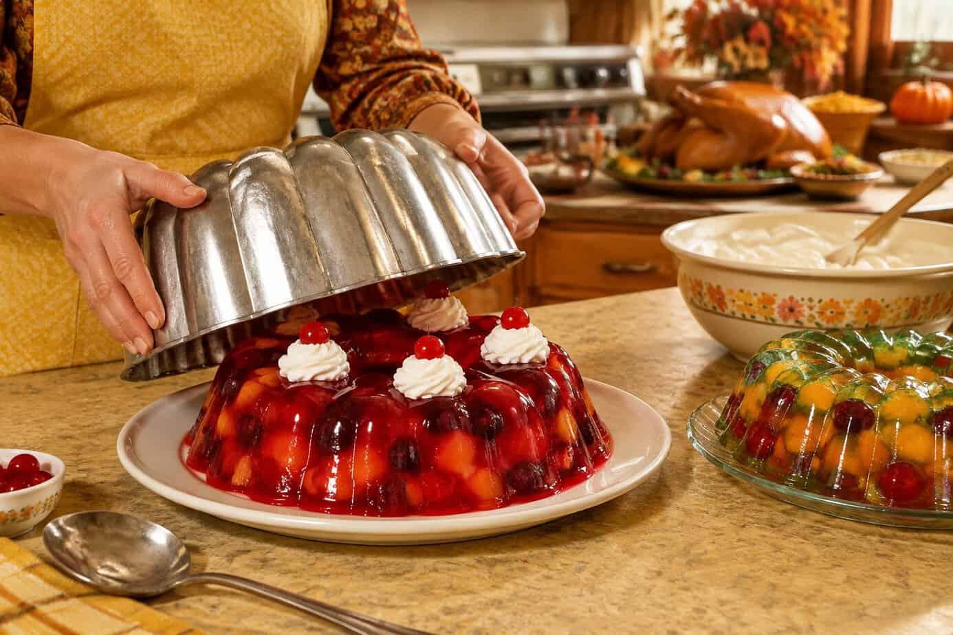 A cook unmolds a decorated red gelatin salad onto a platter in a kitchen prepared for Thanksgiving.