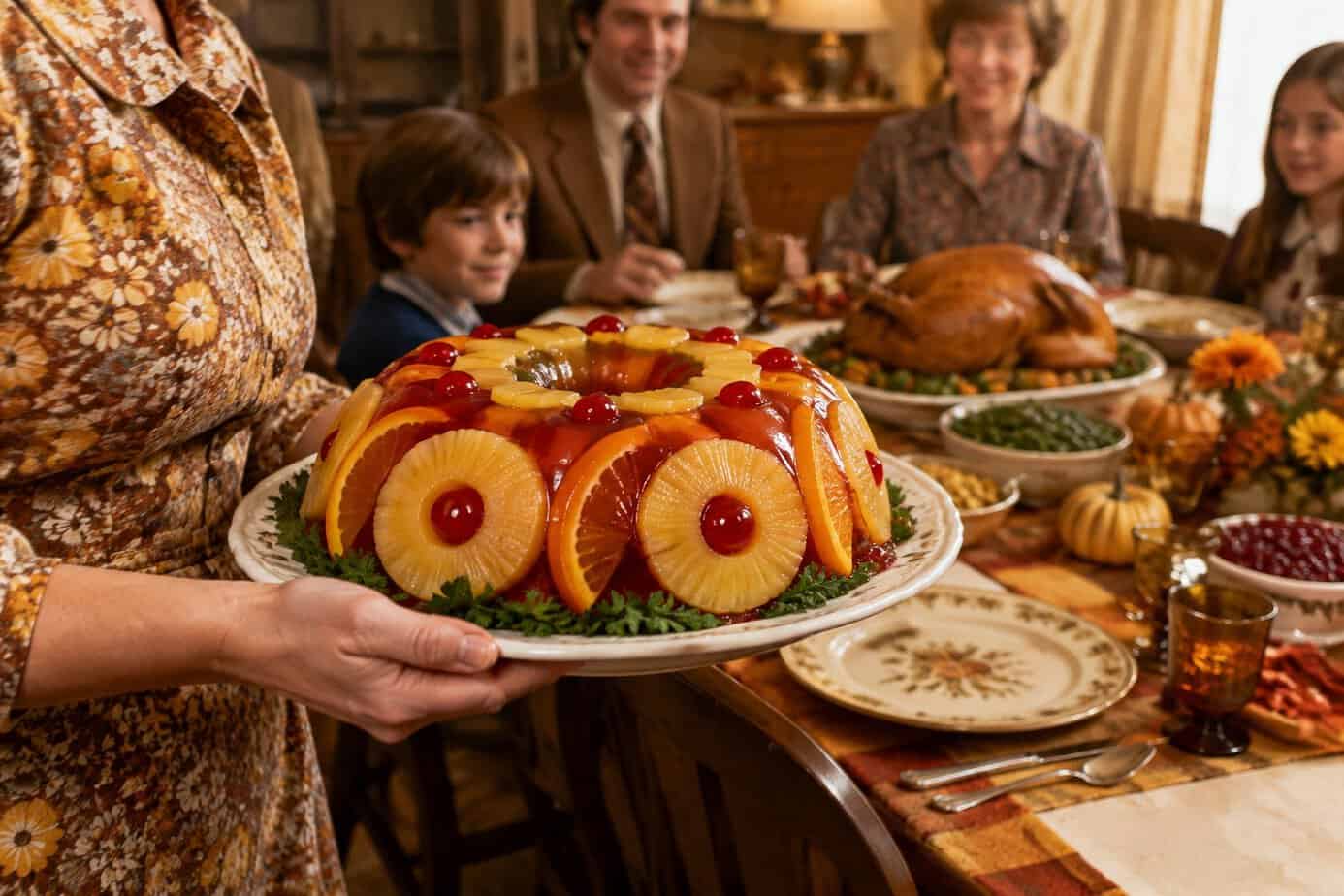 A family member carries a fruit-decorated gelatin mold to a Thanksgiving table.