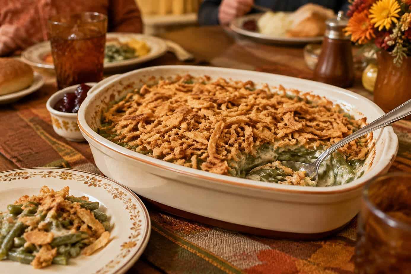 A green bean casserole topped with golden fried onions sits on a Thanksgiving table.