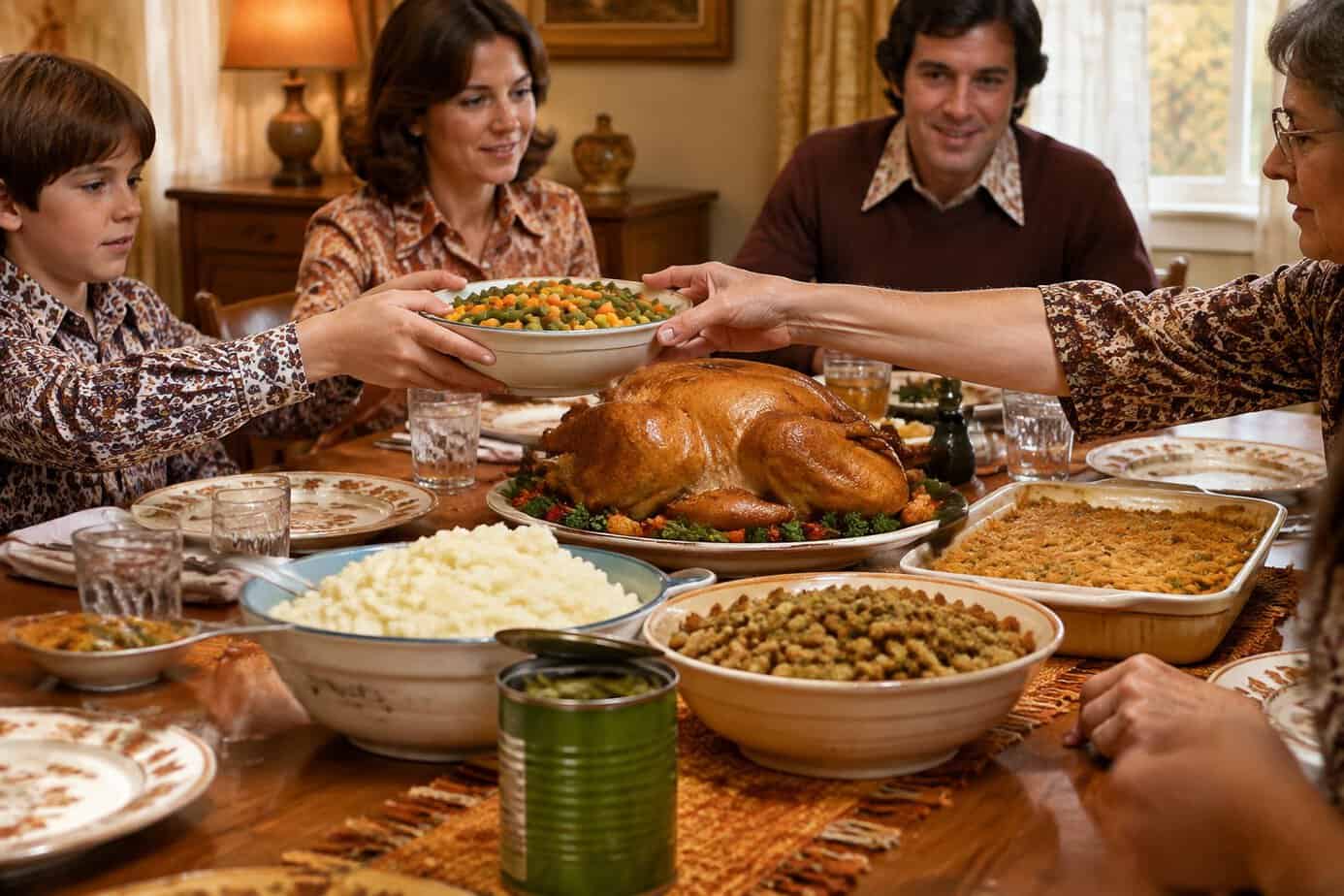 A family shares Thanksgiving dinner with canned vegetables alongside homemade dishes.