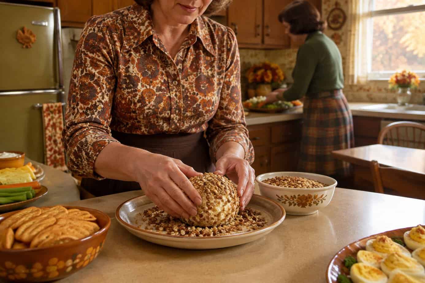 A home cook rolls a cheese ball in chopped nuts while preparing snacks in a kitchen.
